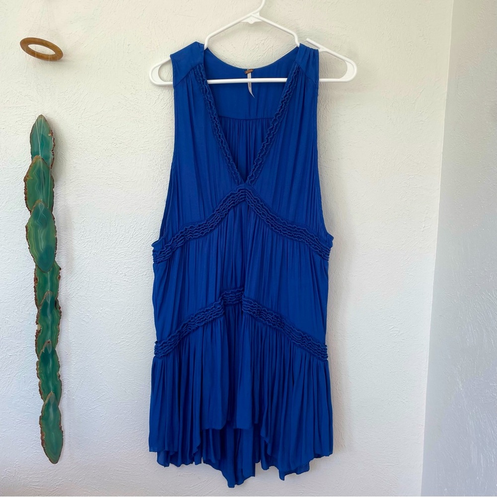 Free People Royal Blue Sleeveless Pleated V-Neck Tunic
